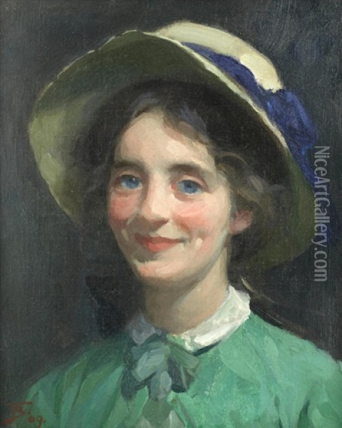 Portrait Of A Girl In A Hat Oil Painting - Frank Bramley
