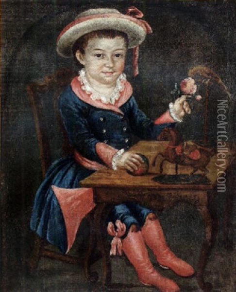 Portrait Of A Young Boy (carl Christian Friedrich Zinsch?) Wearing A Red Lined Blue Costume And Hat, Holding A Rose Oil Painting - Johann Christian Gottfried (Lonkewitz) Lonckewitz