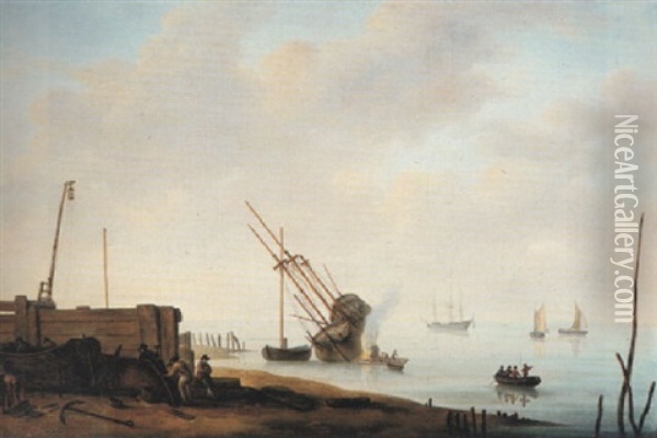 Men Building A Boat And A Ship Being Careened Oil Painting - Jean Baptiste Tency