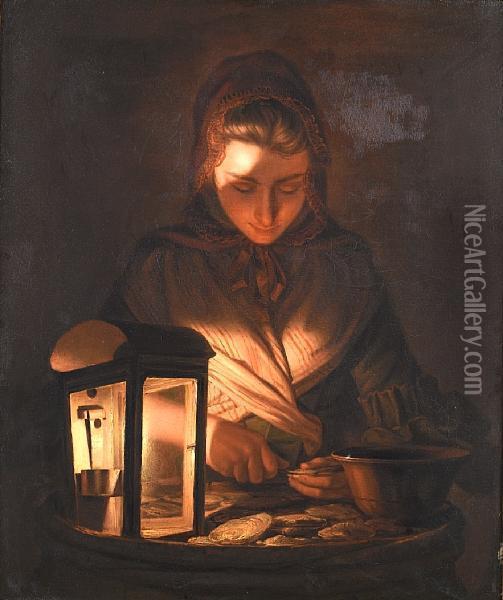 A Young Woman Shucking Oysters Bylamplight Oil Painting - Henry Robert Morland