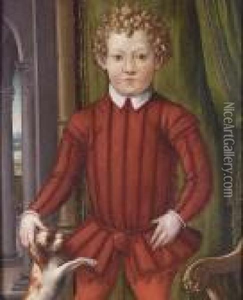 Portrait Of A Young Boy, 
Standing Three-quarter-length, In Red Costume With A Dog At His Side, 
Before A Green Curtain Oil Painting - Agnolo Bronzino