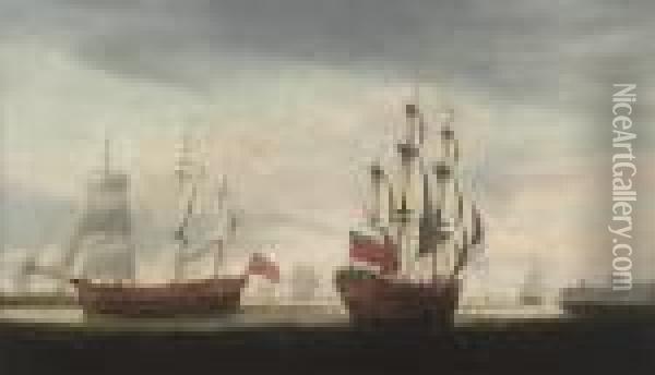 A Three-masted Merchantman In Two Positions Off Tynemouth Oil Painting - Robert Dodd