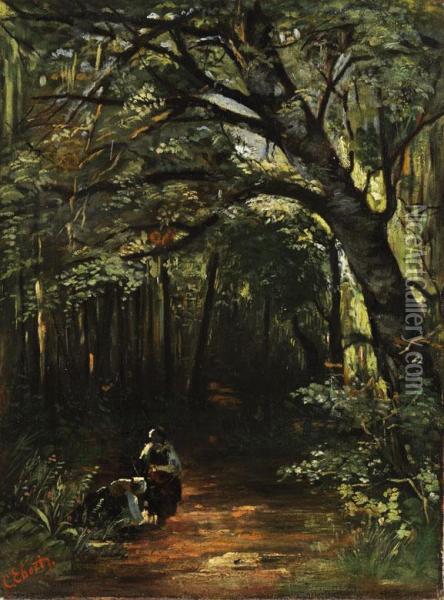 Waldweg Mit Zwei Pilze Sammelnden Frauen Oil Painting - Carl Ebert