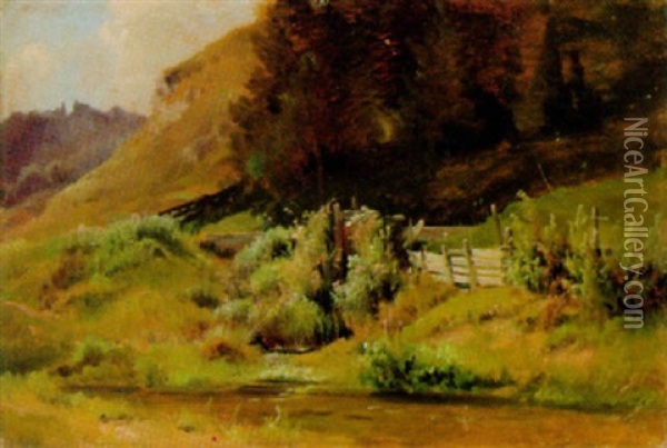 Landschaft Mit Kleinem Teich Im Vordergrund Oil Painting - Ludwig Georg Eduard Halauska