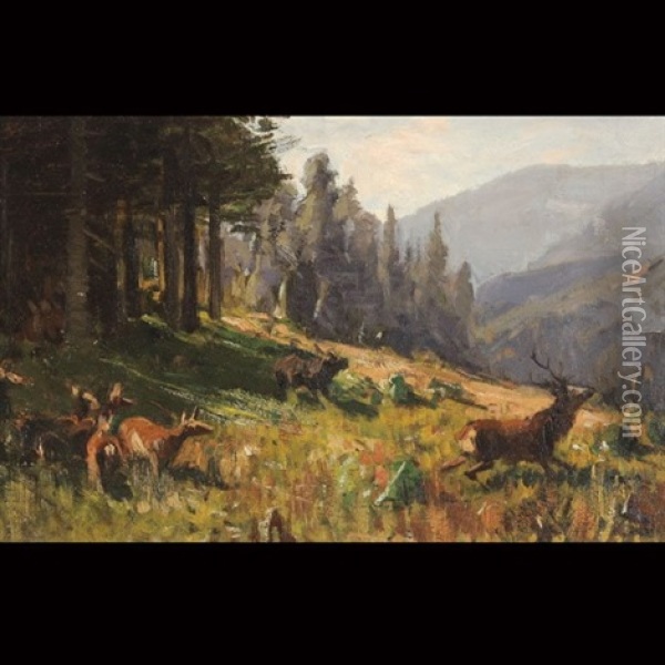 Glacier Lake, Elk Oil Painting - John Fery