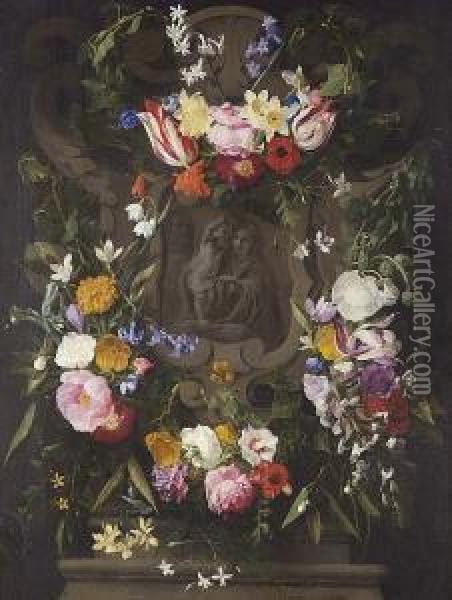 Roses, Narcissi, Tulips, Snowdrops, Morning Glory, Hyacinths Jasmine And Other Flowers In A Garland Surrounding A Stone Cartouche With The Holy Family Oil Painting - Erasmus II Quellin (Quellinus)