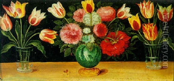Still Lifes Of Tulips And Other Flowers In Glass   [and] Ceramic Vases Oil Painting - Jan van Kessel the Elder