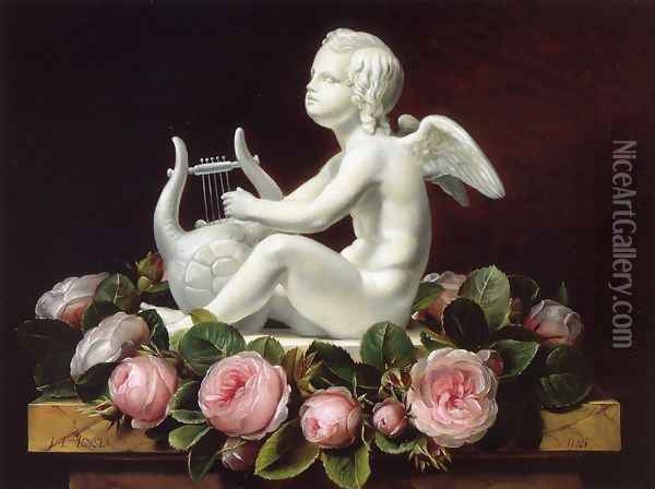 Garland of Pink Roses around 'Cupid Playing a Lyre' on a Brown Marble Ledge Oil Painting - Johan Laurentz Jensen
