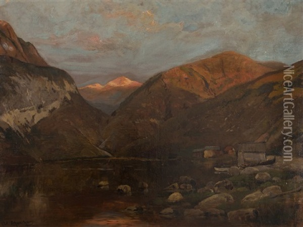Fjord In Twilight Oil Painting - Adolf Gustav Schweitzer