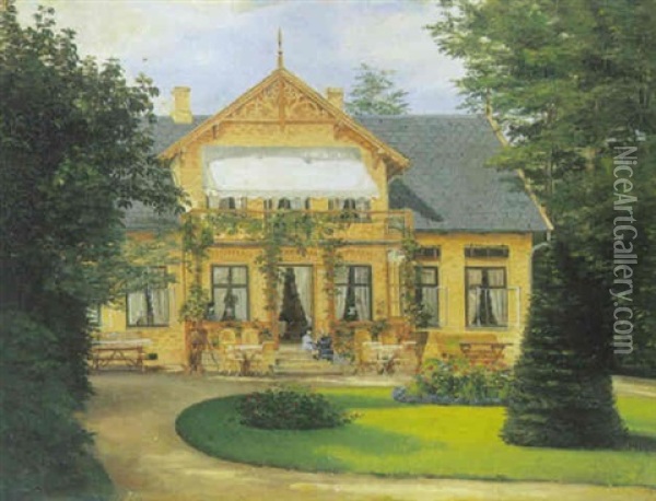 Haveeksterior Med Villa Og Legende Born Oil Painting - Carl Frederik Peder Aagaard