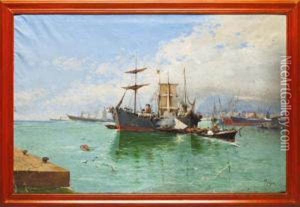 Barco Arribando Al Puerto Oil Painting - Manuel Mensa Salas