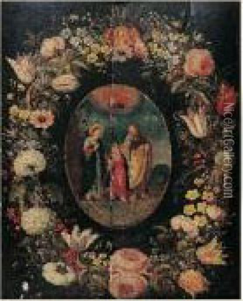 La Sainte Famille Dans Une Couronne De Fleurs Oil Painting - Daniel Seghers