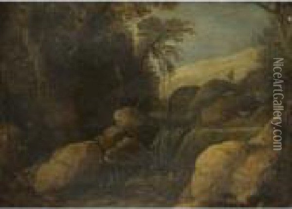 A Landscape With A Goat Herder And His Flock Near A Waterfall Oil Painting - Paul Bril