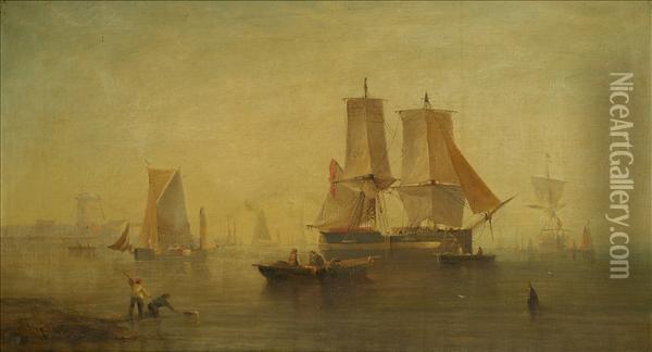 Fishingboats And Merchantmen Off A Dutch Harbour Oil Painting - William Adolphu Knell