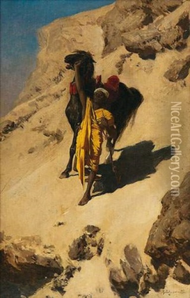 Nomade Et Cheval Arabe Dans Le Desert Oil Painting - Robert Poetzelberger