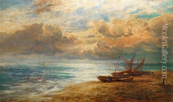 Coastal Scene With Beached Fishing Vessels Oil Painting - Adelsteen Normann