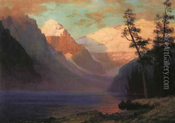 Evening Glow Lake Louise Oil Painting - Albert Bierstadt