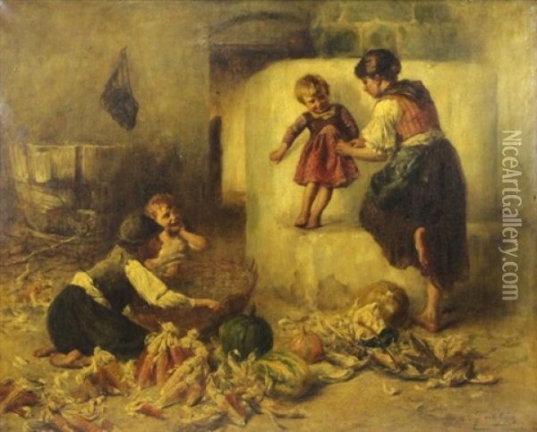 Mother With Children Playing Oil Painting - Geza Peske