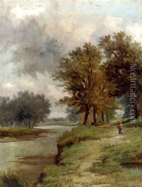 A Country Walk Along A River Bank Oil Painting - Abraham Hulk the Younger