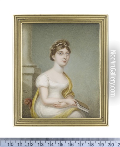 A Lady, Seated On A Red Upholstered Chair, Wearing White Decollete Dress With Capped Sleeves, A Canary Yellow Stole Draped About Her, Her Hair Upswept And Dressed With Pearls Oil Painting - Sampson Towgood Roch