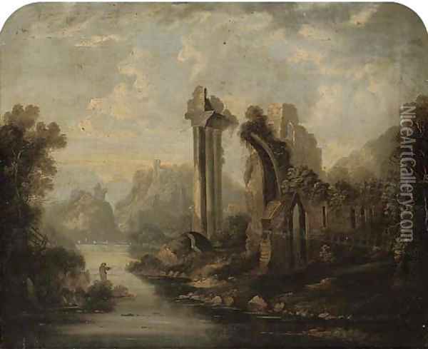 A figure fishing by some classical ruins Oil Painting - English School