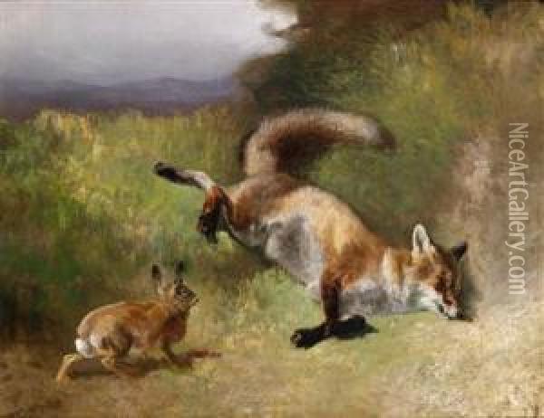 Hase Vor Erlegtem Fuchs Oil Painting - Ludwig Gustav Voltz