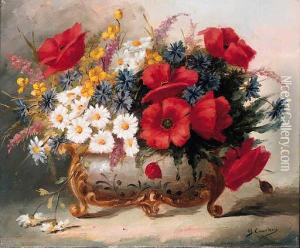 Poppies, Daisies And Mixed Summer Flowers In A Roccoco Vase Oil Painting - Eugene Henri Cauchois