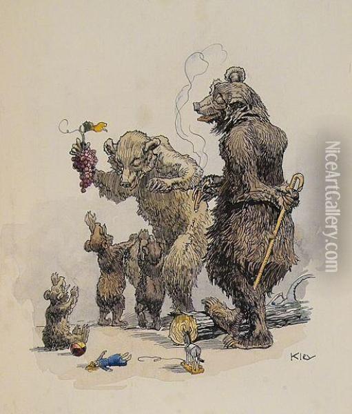 Satire: Bear Family Relaxing. Oil Painting - Heinrich Kley