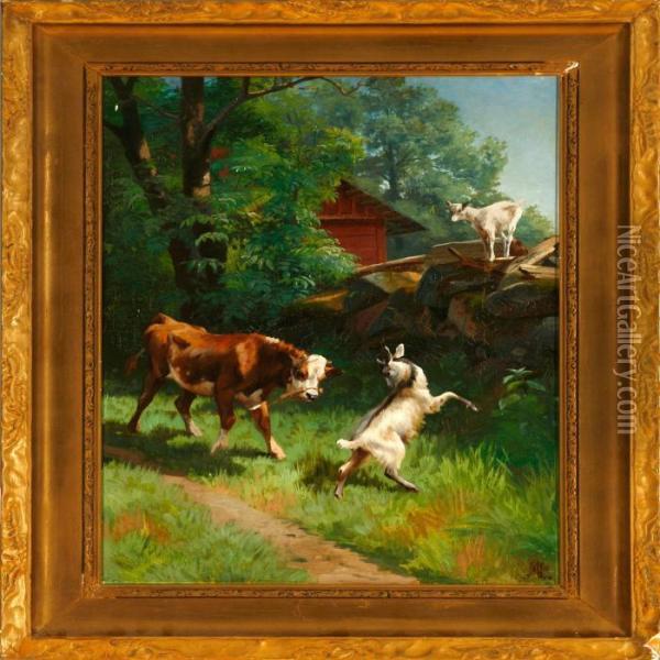 A Calf And Goats Playing On A Summer Day In Scania (skane), Sweden Oil Painting - Adolf Henrik Mackeprang