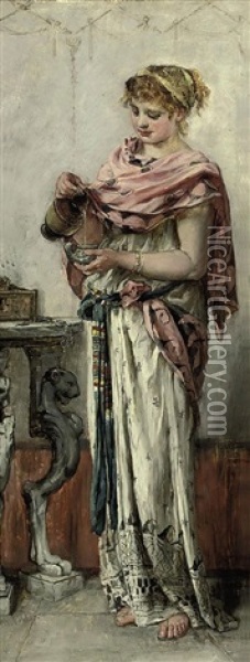 A Maiden Pouring Wine Oil Painting - Maria (Philips-Weber) Weber