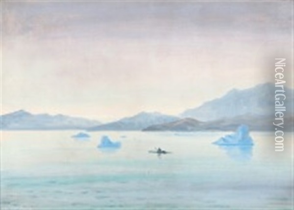 A Greenlandic Seal Catcher In His Kayak Oil Painting - Emanuel A. Petersen