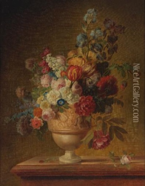 Flowers In A Basket On A Marble Ledge Oil Painting - Gerard Van Spaendonck