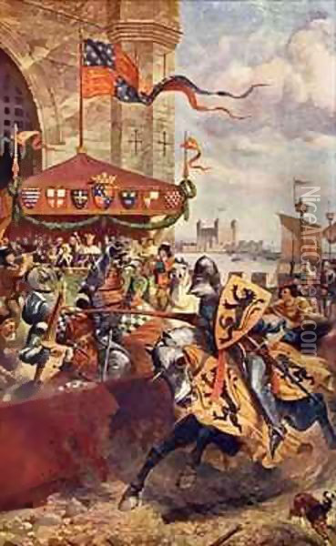 Solemn Joust on London Bridge between David de Lyndsays and Lord John de Welles in 1390 Oil Painting - Richard Beavis