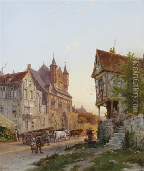 The Cloth Hall, Malines, Belgium (+ Mont Albans Tower, Amsterdam; Pair) Oil Painting - Pieter Christian Dommersen