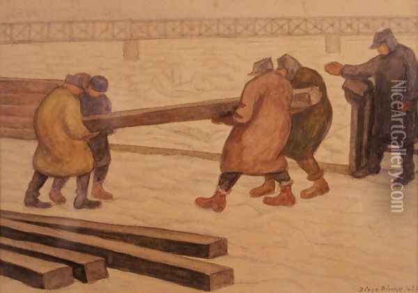 Conteniendo el hielo del Danubio (Trabajadores polacos), 1956 Oil Painting - Diego Rivera