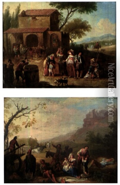 Scene De Moissons (+ Paysans Chez Le Marechal Ferrant; Pair) Oil Painting - Pietro Domenico Oliviero