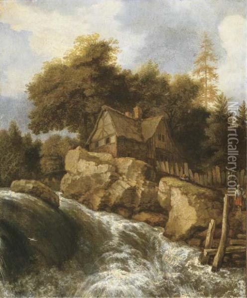A Rocky Nordic Landscape With Peasants On A Path By A Waterfall,before A Cottage Oil Painting - Allart Van Everdingen