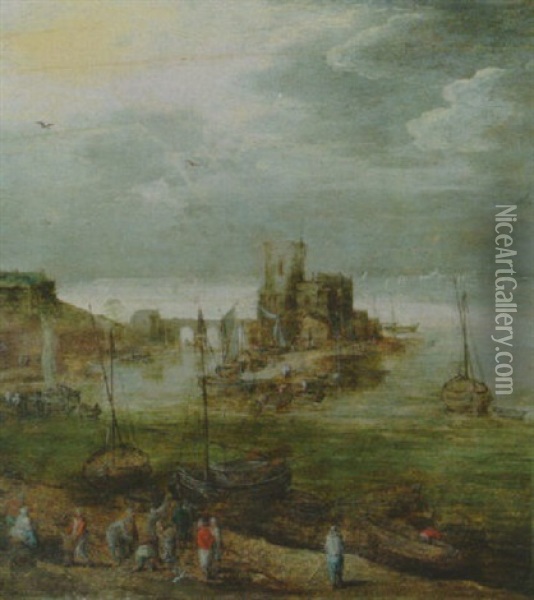 A Harbor With Fisherfolk Gathered On The Shore And Boats Moored Nearby, A Castle Beyond Oil Painting - Joos de Momper the Younger