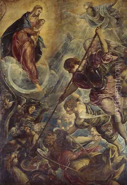 Archangel Michael Fights Satan, c.1590 Oil Painting - Jacopo Tintoretto (Robusti)