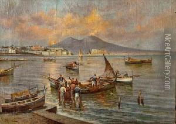 Pescatori Al Tramonto Al Porto Di Napoli Oil Painting - Vincenzo Montefusco