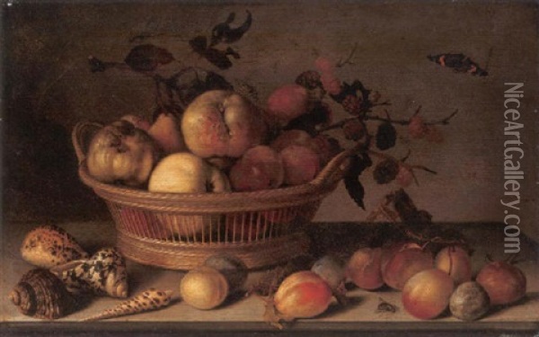 Apples, Pears And A Branch Of Mulberries In A Basket, With Plums, Shells, A Wasp, A Red Admiral And Other Insects On A Ledge Oil Painting - Balthasar Van Der Ast