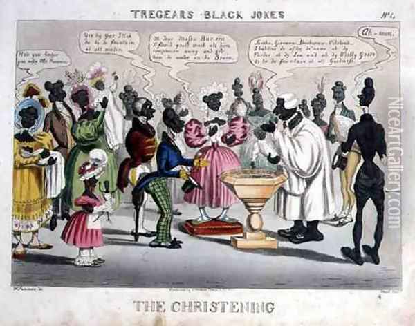 The Christening, from Tregears Black Jokes, aquatinted by Hunt, published by T.S. Tregear, London, 1834 Oil Painting - W. Summers