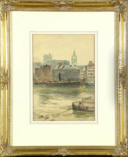 Quayside, Newcastle Upon Tyne Oil Painting - Robert Jobling