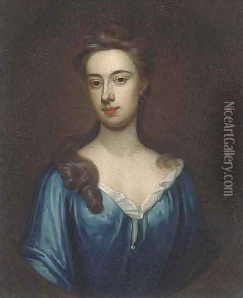 Portrait of a lady, bust-length, in a blue dress, in a feigned oval Oil Painting - Sir Godfrey Kneller