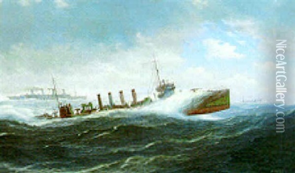 A Destroyer In Rough Seas Oil Painting - Burnell Poole