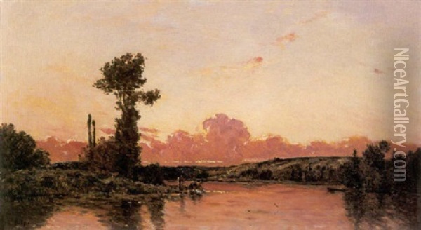 The Washerwoman And A Boatman At Sunset Oil Painting - Hippolyte Camille Delpy