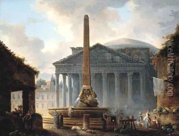 Rome, A View Of The Piazza Della Rotonda With The Pantheon And Figures Before The Obelisk Fountain Oil Painting - Hubert Robert