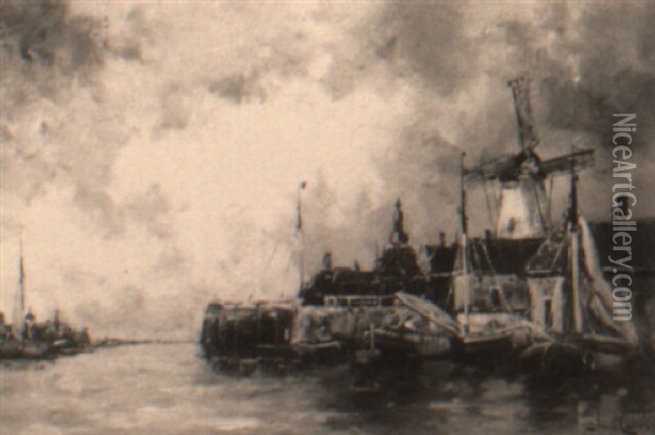 Sailing Vessels In A Town Harbor Oil Painting - Hermanus Koekkoek the Younger