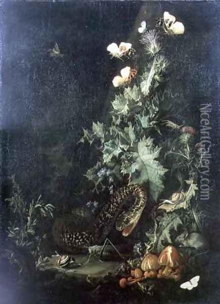 Still Life with a Snake Oil Painting - Rachel Ruysch