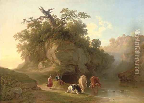Drover and cattle beside a pool Oil Painting - John F Tennant